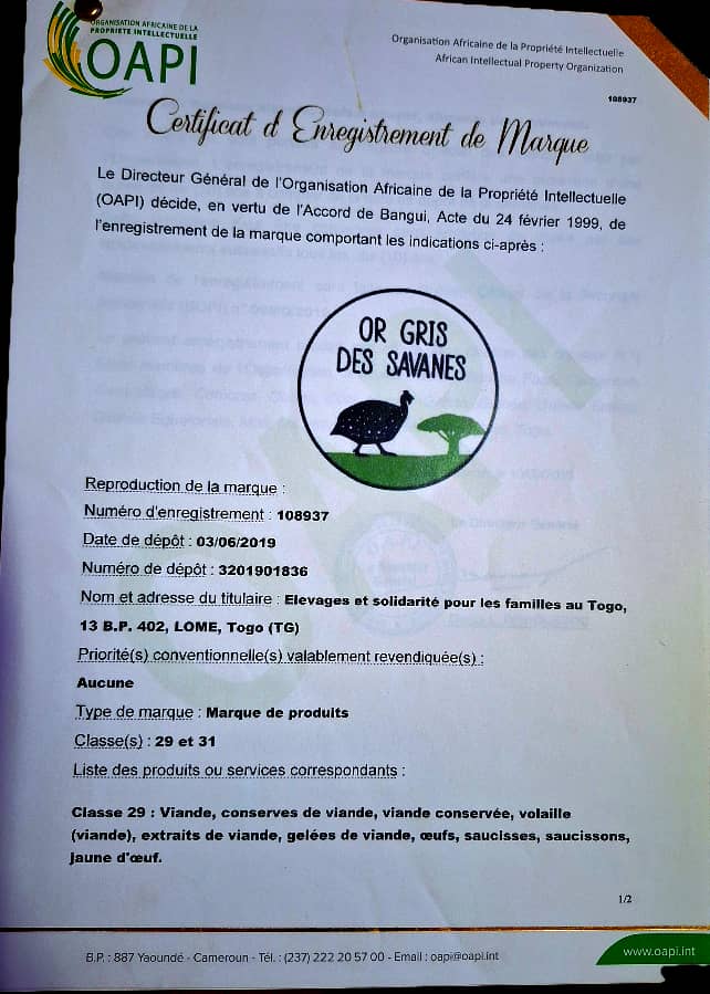 Obtention du certificat d'enregistrement de marque "Or Gris des Savanes" auprès de l'OAPI
